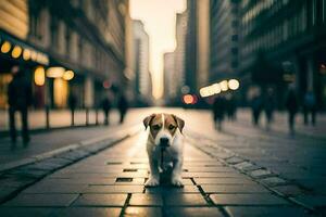 un' cane è in piedi su un' strada nel un' città. ai-generato foto