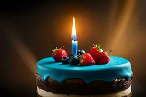 un' blu compleanno torta con un' singolo candela. ai-generato foto