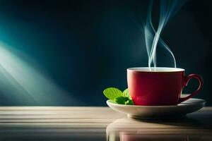 un' tazza di caffè su un' di legno tavolo. ai-generato foto