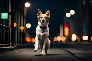 un' cane a piedi su il strada a notte. ai-generato foto