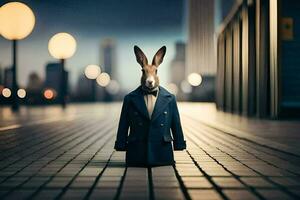 un' coniglio indossare un' completo da uomo e cravatta in piedi su un' strada. ai-generato foto