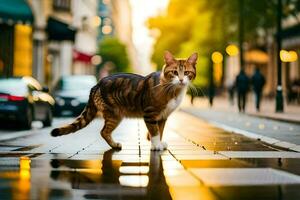 un' gatto a piedi attraverso un' città strada a tramonto. ai-generato foto