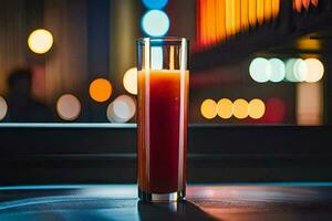 un' bicchiere di arancia succo seduta su un' tavolo nel davanti di un' città orizzonte. ai-generato foto