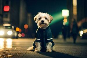 un' piccolo cane nel un' maglione seduta su il strada a notte. ai-generato foto