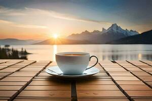 un' tazza di caffè su un' di legno tavolo con un' lago nel il sfondo. ai-generato foto