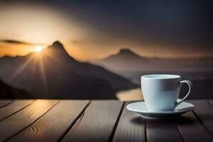 caffè tazza su il tavolo con montagne nel il sfondo. ai-generato foto