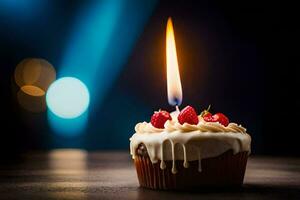 un' Cupcake con un' singolo candela su superiore. ai-generato foto