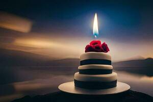 un' torta con un' singolo candela su superiore. ai-generato foto