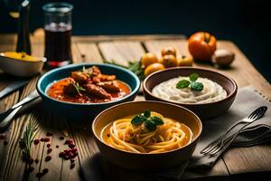 tre ciotole di pasta, carne e verdure su un' di legno tavolo. ai-generato foto