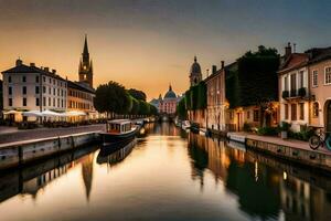 un' canale nel un' città a tramonto con edifici e Barche. ai-generato foto