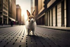 un' coniglio è a piedi giù un' città strada. ai-generato foto