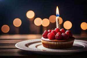 un' Cupcake con un' illuminato candela su un' piatto. ai-generato foto