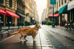 un arancia gatto a piedi giù un' strada nel un' città. ai-generato foto