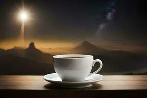 un' tazza di caffè su un' tavolo nel davanti di un' montagna Visualizza. ai-generato foto