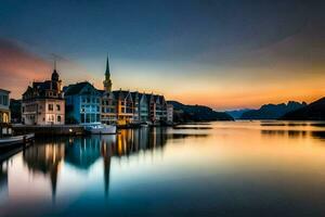 un' bellissimo tramonto al di sopra di un' lago con edifici e un' Chiesa. ai-generato foto