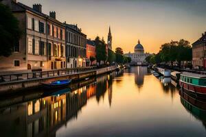 un' canale con Barche nel il mezzo di un' città. ai-generato foto