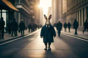 un' coniglio indossare un' completo da uomo e cravatta in piedi nel il mezzo di un' città strada. ai-generato foto