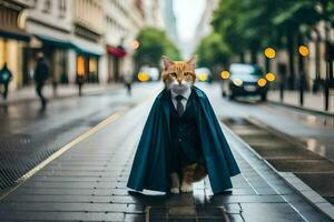 un' gatto vestito nel un' completo da uomo e cravatta a piedi giù un' strada. ai-generato foto