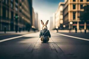 un' coniglio nel un' completo da uomo è in piedi su il strada. ai-generato foto