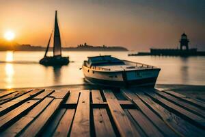 un' barca si siede su un' bacino a tramonto. ai-generato foto