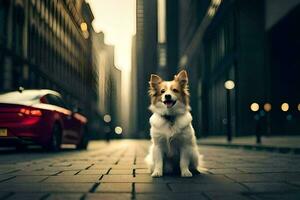 un' cane seduta su il strada nel davanti di un' macchina. ai-generato foto