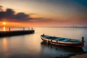 un' barca si siede su il riva a tramonto. ai-generato foto