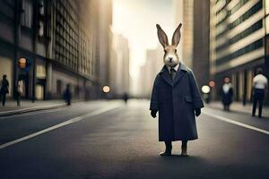 un' coniglio nel un' completo da uomo e cravatta in piedi nel il mezzo di un' città strada. ai-generato foto