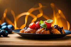 un' piatto di cibo con frutti di bosco e frutta su un' di legno tavolo. ai-generato foto