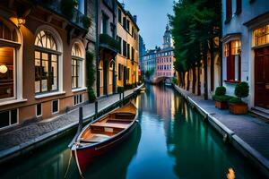 un' barca è seduta su un' canale nel un' stretto strada. ai-generato foto