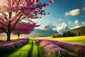 un' bellissimo campo con viola fiori e montagne nel il sfondo. ai-generato foto