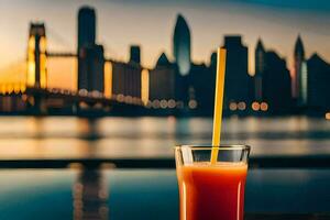 un' bicchiere di succo con un' cannuccia nel davanti di un' città orizzonte. ai-generato foto