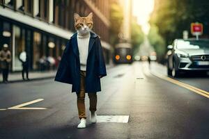 un' gatto a piedi giù il strada nel un' città. ai-generato foto