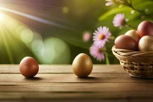 Pasqua uova nel un' cestino su un' di legno tavolo. ai-generato foto
