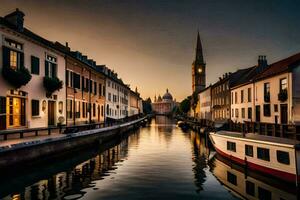 un' canale nel il mezzo di un' città con edifici e Barche. ai-generato foto