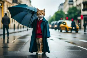 un' gatto nel un' completo da uomo e ombrello in piedi su un' città strada. ai-generato foto