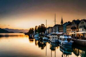 Barche siamo attraccato nel il acqua a tramonto. ai-generato foto