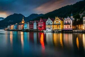 colorato case su il acqua nel bergsj, Norvegia. ai-generato foto