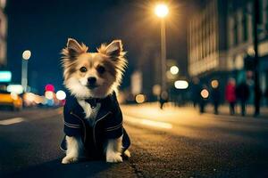 un' cane nel un' completo da uomo seduta su il strada a notte. ai-generato foto