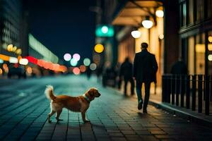 un' cane a piedi su il strada a notte. ai-generato foto