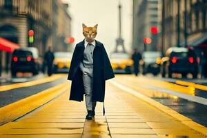 un' gatto indossare un' maschera passeggiate giù un' strada. ai-generato foto