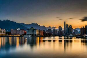 il città orizzonte a tramonto nel shanghai. ai-generato foto