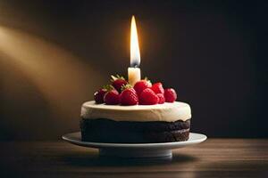 un' singolo candela è illuminato su un' cioccolato torta. ai-generato foto