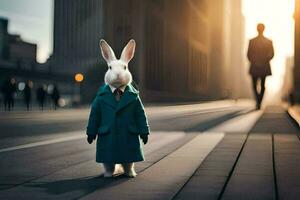 un' coniglio indossare un' completo da uomo e cravatta in piedi su un' strada. ai-generato foto