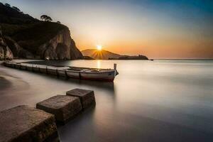 un' barca si siede su il riva a tramonto. ai-generato foto