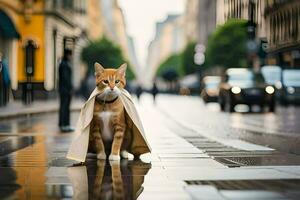 un' gatto indossare un' capo su un' piovoso strada. ai-generato foto