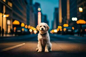 un' cane seduta su il strada a notte. ai-generato foto