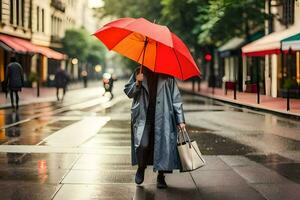 un' donna a piedi giù un' strada con un ombrello. ai-generato foto