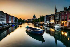 un' barca è attraccato nel un' canale a tramonto. ai-generato foto