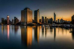 il orizzonte di dubai a tramonto. ai-generato foto