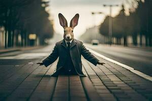 un' coniglio indossare un' completo da uomo e cravatta si siede su il strada. ai-generato foto